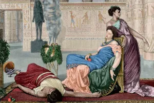 Cleopatra: Death of Cleopatra. Engraving. Colored