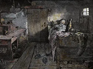 Grandmother: The death of the grandmother. Colored engraving