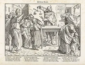 Plumed Cap: Death holding scales in front of a tavern