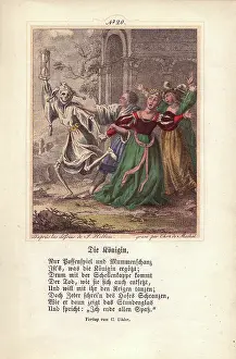 Drags: Death as a jester drags away the Queen as she