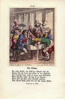 Holbeins: Death pulls back a Drunkard's head and pours