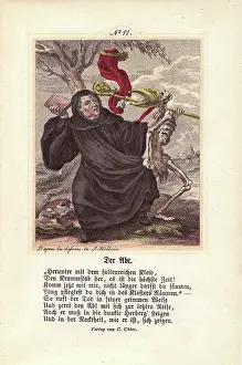 Drags: Death takes the Abbot's miter and drags him away