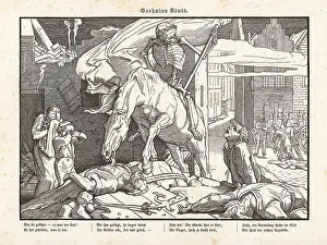 Weep: Death as victor riding on horseback over corpses
