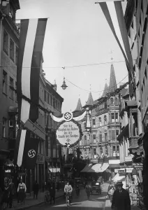 Signboard: Decorated Nuremberg streets during the Ralley of Victory