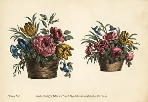 Robert Sayer: Two decorative baskets of tulips, roses, and other flowers