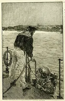 Lifebelt: Deep sea diver going down into the water
