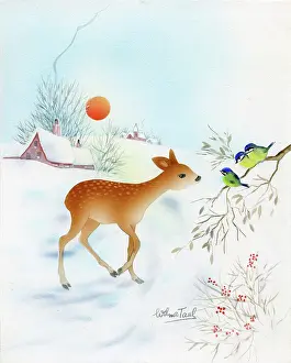 Schermele: Deer in the snow with three Blue Tits