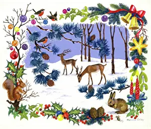 Chrismas: Deer in the snow with rabbit and robin