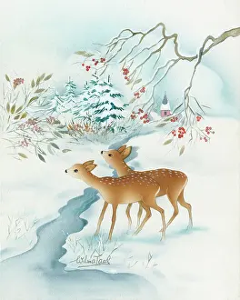 Schermele: Two Deer by a Stream in the Snow