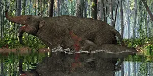 Pleistocene: A Deinotherium calf tries to keep up with his