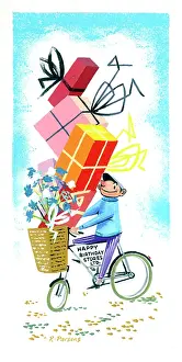 Piled: Delivery boy with birthday parcels