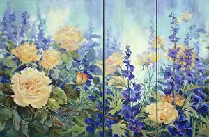 Delphiniums: Delphiniums and Peach Roses in a triptych