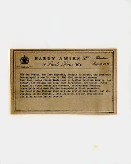 Typewritten: Description of dress and coat by Hardy Amies