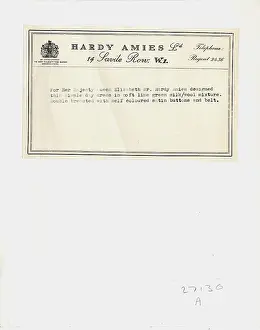 Typewritten: Description of dress by Hardy Amies