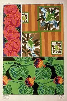 Retrograph: Three designs of leaves, flowers and birds by E A Seguy