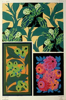 Retrograph: Three designs of leaves and flowers by E A Seguy
