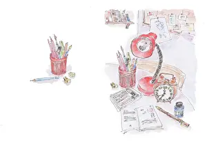 Pens: Desk with lamp, calculator, pen and ink etc