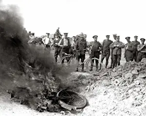 Despatch: Despatch rider's bike on fire, Western Front, WW1