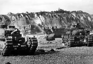 Dieppe: Destroyed british tanks at dieppe coast, 1942
