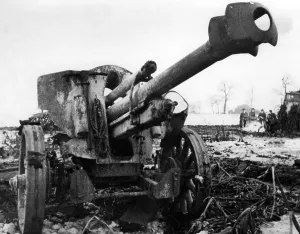 Campfire: Destroyed German artillery at Szekesfehervar, 1945