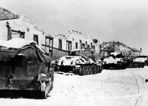 Reconquest: Destroyed Soviet tanks in Szekesfehervar, 1945
