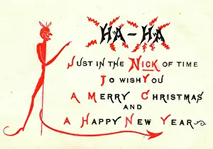 Puns: Devil with comic verse on a Christmas and New Year card