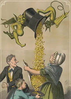 Prosperity: Devils pouring gold coins from hat into woman's apron