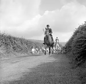 Staghounds: Devon and Somerset staghounds on a country lane