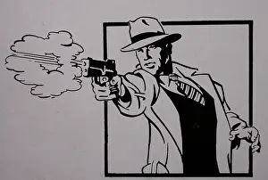 2428: Dick Tracy game card, hat, overcoat, gun in