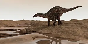 Riverbed: Dicraeosaurus on desert terrain
