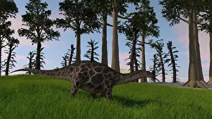 Dicraeosauridae: Dicraeosaurus walking through a field