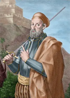 Conqueror: Diego Garc?=?a de Paredes (1468-1533). Engraving. Colored