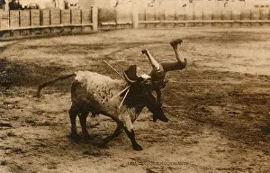 Bullfight: A difficult moment for the matador during a bullfight, Spain