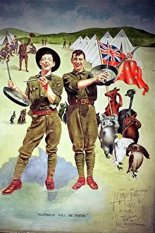 Compliments: Two diggers playing frying-pans in front of their bell tents