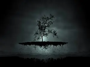 Contour: Digitally generated image of a flying tree