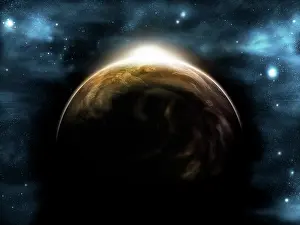 Daybreak: Digitally generated image of the sunrise over a planet