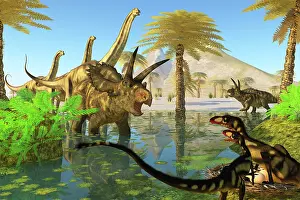 Frustration: Two Dilong dinosaurs guard their nest from a ?