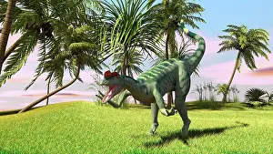 Sinemurian: Dilophosaurus hunting in a field for its next meal