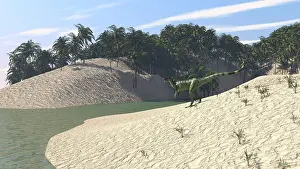 Sinemurian: Dilophosaurus walking along the bay