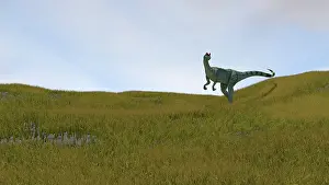 Sinemurian: Dilophosaurus walking across prehistoric grasslands