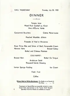 Catering: Dinner Menu, Cunard liner, RMS Mauretania
