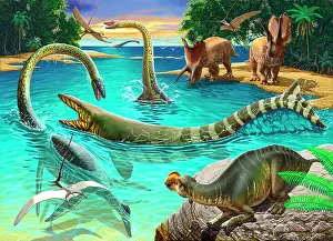 Triceratops: Dinosaur gather around a swimming hole during