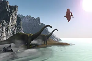 Seashore: Dinosaurs come to the shore for a drink of water