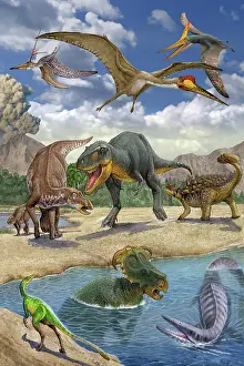 Pteranodon: Dinosaurs confront each other along a lake