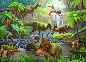 Gorgosaurus: Dinosaurs gather along a stream in a prehistoric forest