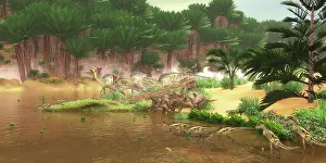 Ceratosaur: Dinosaurs grazing along a Cretaceous river