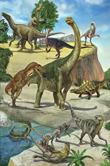 Dinosaurs in a prehistoric environment