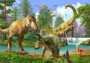 Pteranodon: Dinosaurs along a river in a prehistoric environment