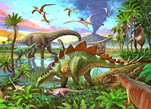 Pterosaur: Dinosaurs roaming the wetlands, with a volcano