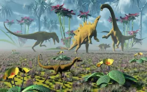 Stegosaurus: Dinosaurs running around an imaginative garden